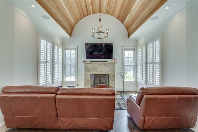 living room with wood ceiling, a chandelier, lofted ceiling, and dark hardwood / wood-style flooring