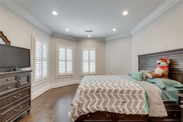 bedroom with dark wood-type flooring and crown molding