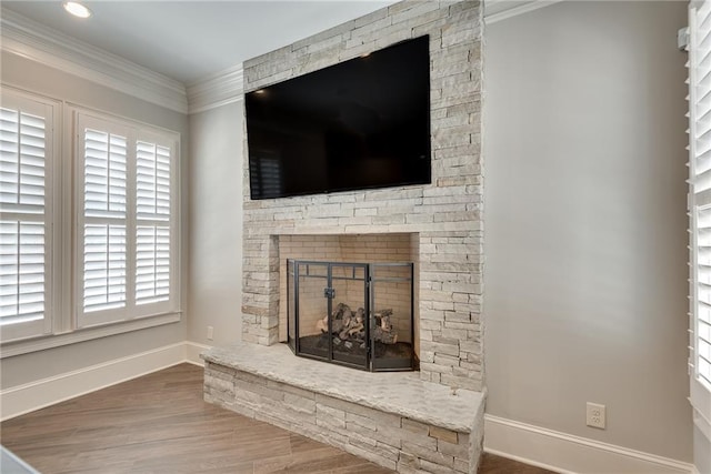 details featuring a stone fireplace, crown molding, and wood-type flooring