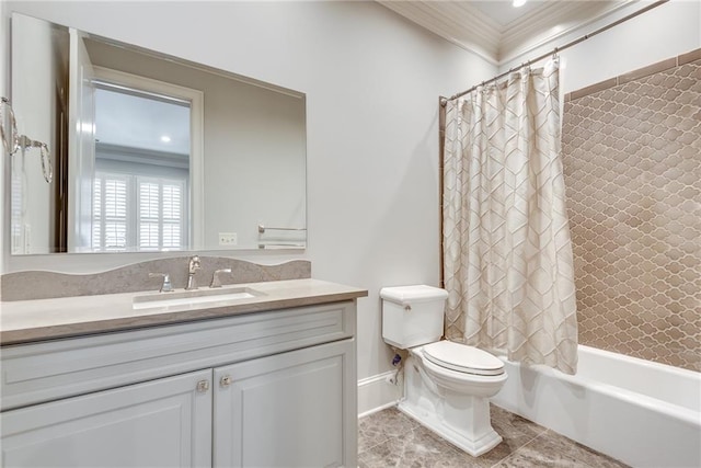 full bathroom featuring shower / tub combo, toilet, tile patterned floors, vanity, and crown molding