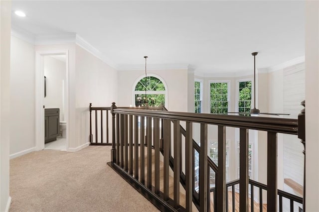 184 Corner Oak Ct, Waleska, GA 30183 - hall featuring an upstairs landing, light colored carpet, crown molding, and recessed lighting
