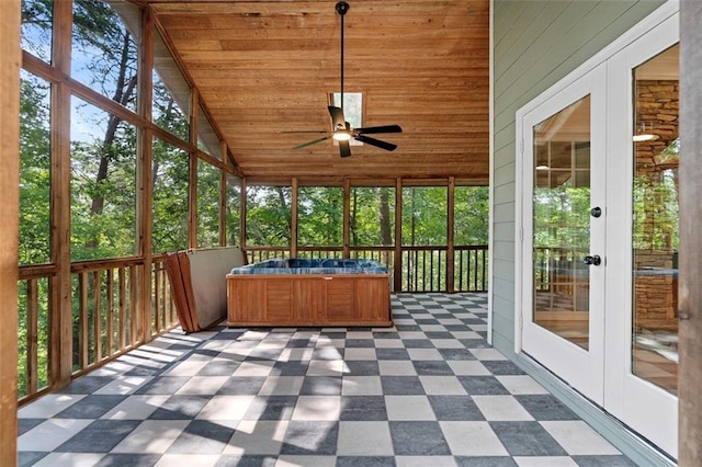 184 Corner Oak Ct, Waleska, GA 30183 - unfurnished sunroom featuring french doors, a ceiling fan, vaulted ceiling, and a hot tub