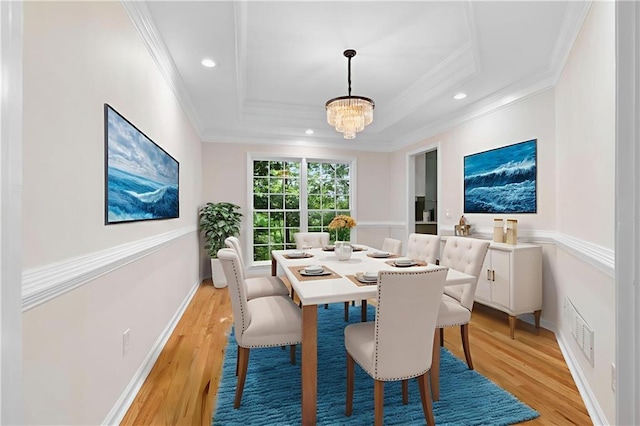 184 Corner Oak Ct, Waleska, GA 30183 - dining space with crown molding, light wood-type flooring, recessed lighting, a chandelier, and a raised ceiling