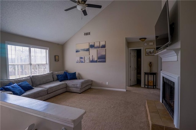 living room with light carpet, ceiling fan, high vaulted ceiling, and a textured ceiling