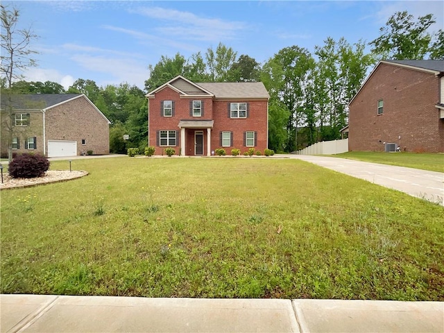 colonial house featuring fence, central AC unit, a front lawn, and brick siding