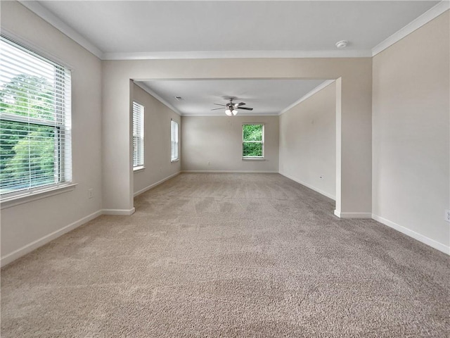 empty room with light colored carpet and ornamental molding