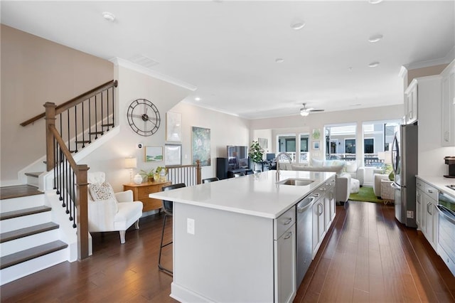 kitchen with dark wood-style flooring, stainless steel appliances, a sink, light countertops, and open floor plan