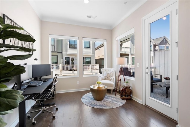 office space with dark wood-type flooring and baseboards