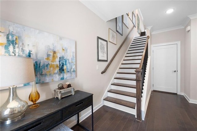 staircase with recessed lighting, baseboards, wood finished floors, and ornamental molding