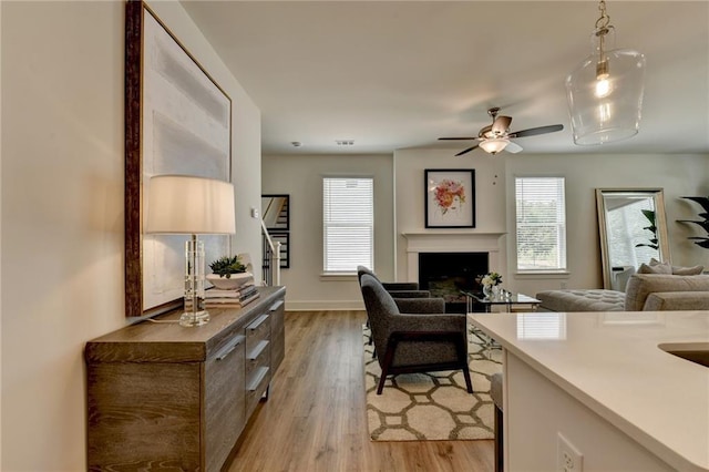 living room featuring ceiling fan and light wood-type flooring