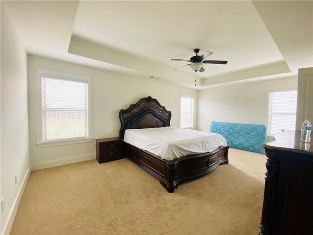 bedroom featuring a tray ceiling, multiple windows, light carpet, and baseboards