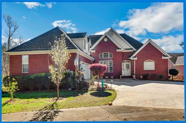 traditional-style house featuring a front lawn, brick siding, an attached garage, and driveway