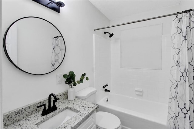 full bathroom featuring shower / bath combination with curtain, vanity, and toilet