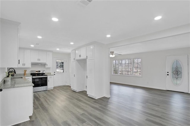 kitchen featuring sink, light stone counters, stainless steel electric stove, hardwood / wood-style floors, and white cabinets