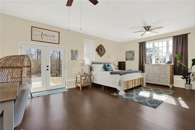 bedroom featuring a ceiling fan, dark wood finished floors, french doors, baseboards, and access to exterior