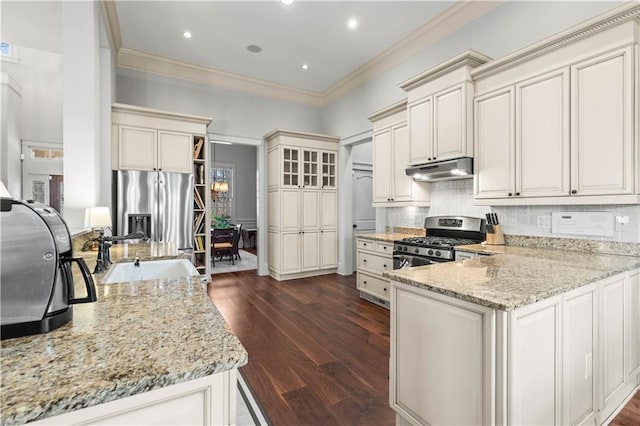 kitchen with dark wood-type flooring, sink, light stone counters, tasteful backsplash, and appliances with stainless steel finishes