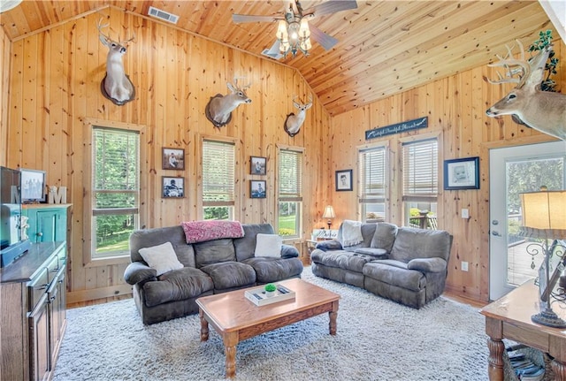 living room featuring wood walls, wooden ceiling, ceiling fan, and high vaulted ceiling