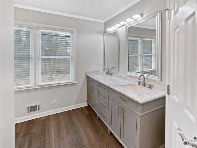 bathroom featuring crown molding, vanity, and hardwood / wood-style floors