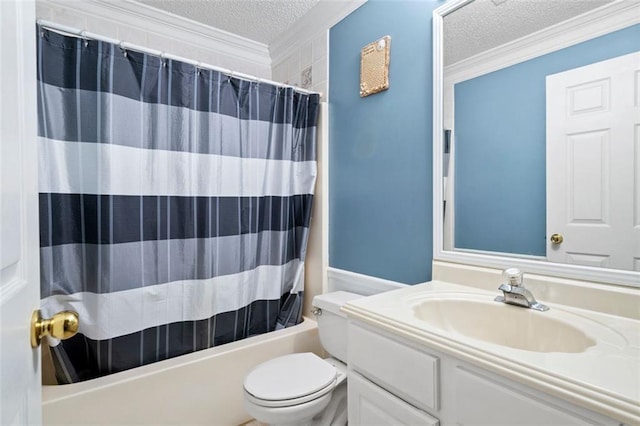 full bathroom featuring ornamental molding, vanity, a textured ceiling, and toilet