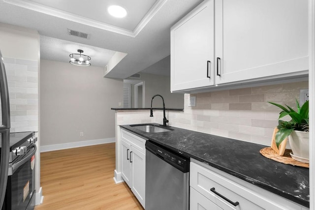 kitchen featuring electric range oven, a sink, visible vents, white cabinets, and dishwasher