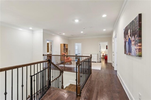 1393 Kings Park Dr NW, Kennesaw, GA 30152 - corridor with an upstairs landing, wood finished floors, recessed lighting, baseboards, and ornamental molding