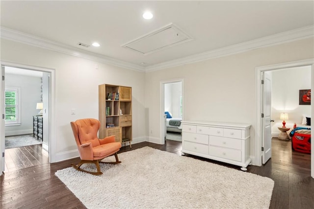 1393 Kings Park Dr NW, Kennesaw, GA 30152 - living area featuring attic access, crown molding, dark wood finished floors, baseboards, and recessed lighting