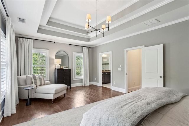 1393 Kings Park Dr NW, Kennesaw, GA 30152 - bedroom with a chandelier, ornamental molding, wood finished floors, a raised ceiling, and baseboards