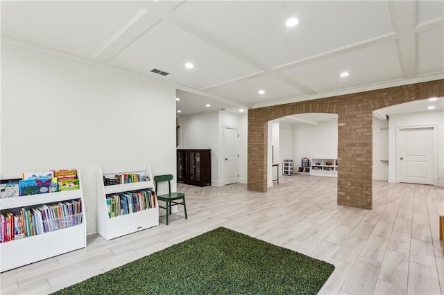 1393 Kings Park Dr NW, Kennesaw, GA 30152 - recreation room with decorative columns, arched walkways, coffered ceiling, light wood-style floors, and recessed lighting