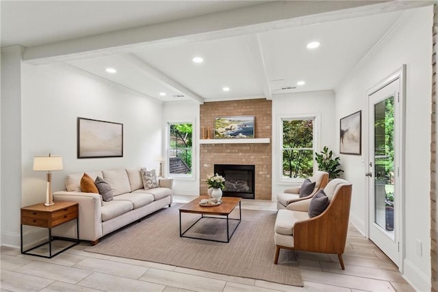 1393 Kings Park Dr NW, Kennesaw, GA 30152 - living room with healthy amount of natural light, recessed lighting, beamed ceiling, a brick fireplace, and baseboards