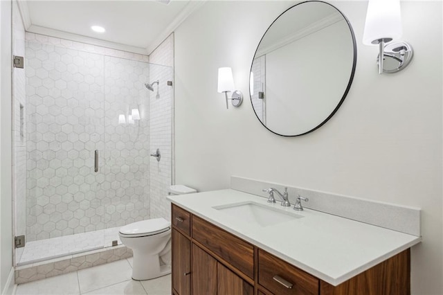 1393 Kings Park Dr NW, Kennesaw, GA 30152 - bathroom with vanity, a stall shower, toilet, tile patterned flooring, and ornamental molding