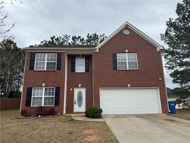 view of front of house featuring a garage, a front lawn, brick siding, and driveway