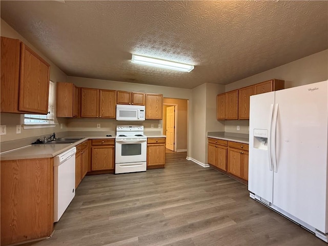 kitchen featuring a sink, white appliances, light countertops, and light wood finished floors