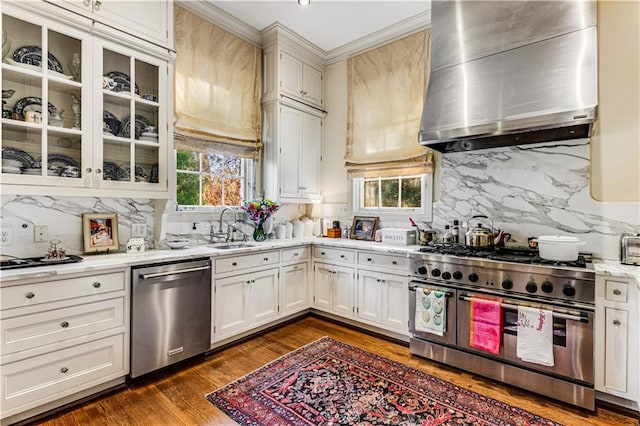 kitchen with a sink, stainless steel appliances, dark wood-type flooring, wall chimney range hood, and a wealth of natural light