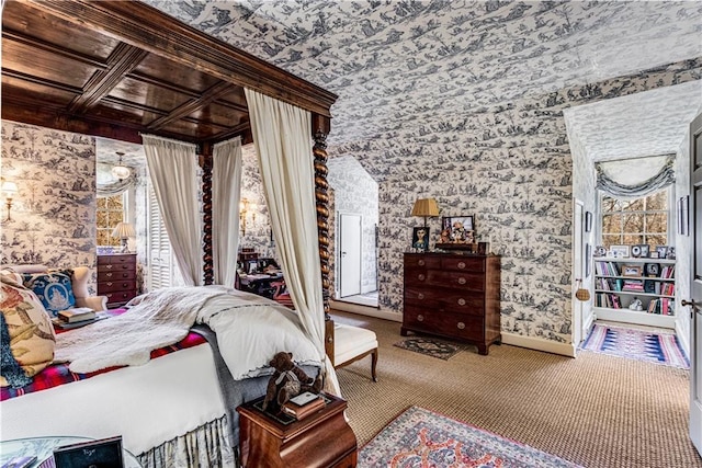 carpeted bedroom with baseboards, multiple windows, and wallpapered walls