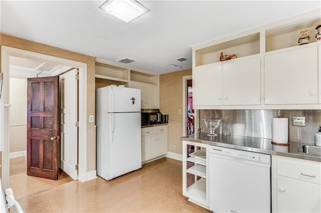 kitchen with visible vents, open shelves, stainless steel countertops, white cabinetry, and white appliances