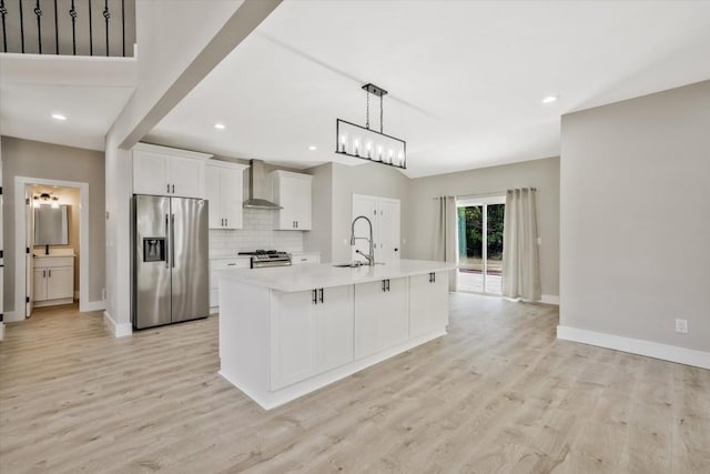 1950 Stethem Fry, Alpharetta, GA 30022 - kitchen featuring stainless steel appliances, wall chimney exhaust hood, white cabinets, a center island with sink, and backsplash
