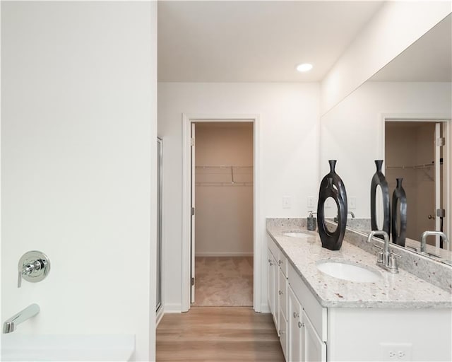 2686 NE Almand Ln NE, Conyers, GA 30013 - bathroom with a stall shower, a spacious closet, double vanity, and wood finished floors