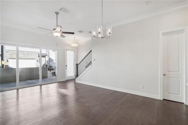 671 Stickley Oak Way, Woodstock, GA 30189 - spare room featuring dark wood finished floors, stairs, a ceiling fan, crown molding, and baseboards