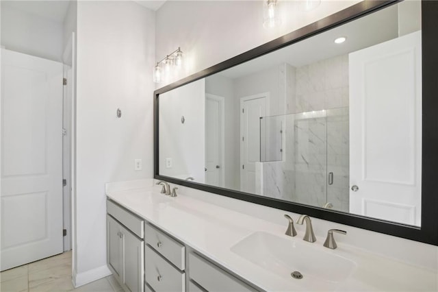 671 Stickley Oak Way, Woodstock, GA 30189 - bathroom featuring a marble finish shower, double vanity, marble finish flooring, baseboards, and recessed lighting