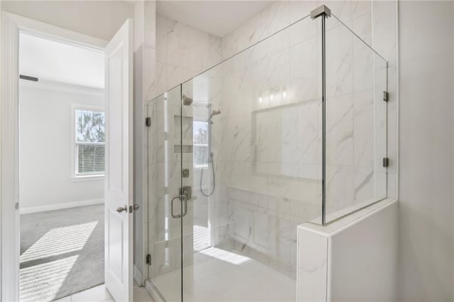 671 Stickley Oak Way, Woodstock, GA 30189 - bathroom with a marble finish shower and baseboards