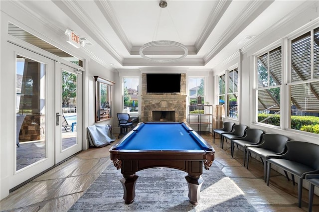 671 Stickley Oak Way, Woodstock, GA 30189 - recreation room with crown molding, french doors, a fireplace, billiards, and a tray ceiling