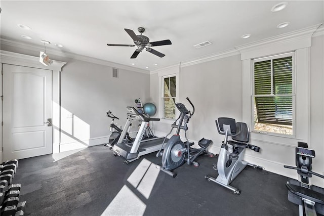 671 Stickley Oak Way, Woodstock, GA 30189 - exercise room with ceiling fan, recessed lighting, baseboards, and crown molding