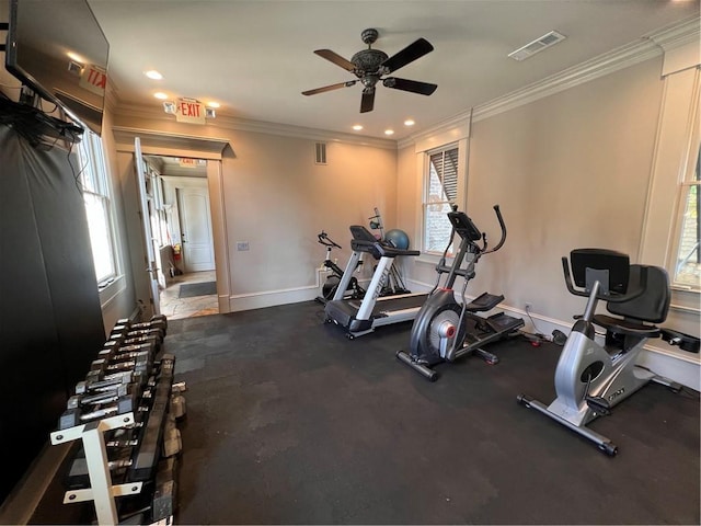 workout room with ceiling fan and crown molding