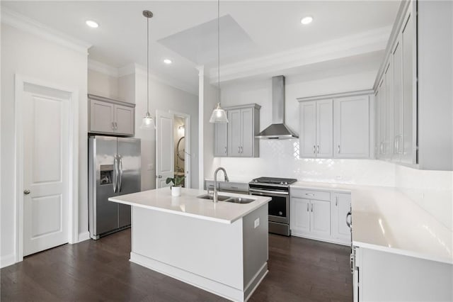 671 Stickley Oak Way, Woodstock, GA 30189 - kitchen with appliances with stainless steel finishes, wall chimney range hood, a sink, ornamental molding, and decorative backsplash
