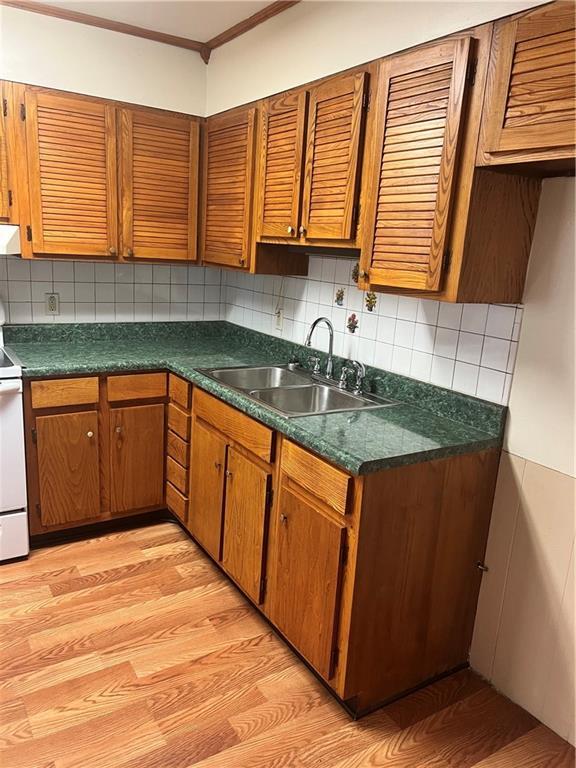 kitchen with tasteful backsplash, dark countertops, ornamental molding, a sink, and light wood-type flooring