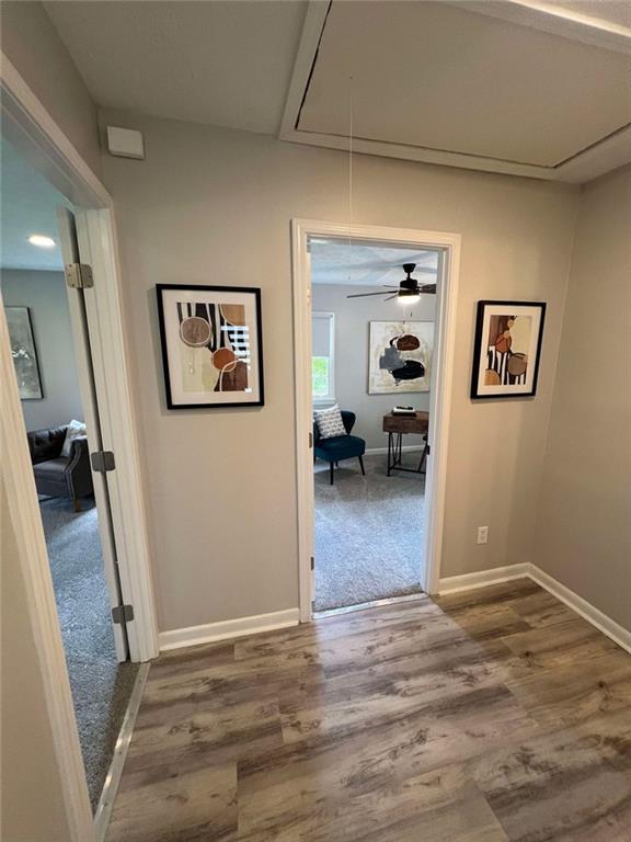 hallway with hardwood / wood-style flooring