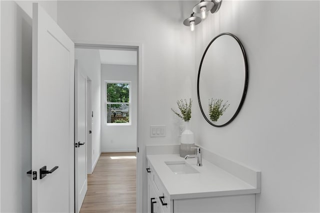 bathroom with vanity and wood-type flooring