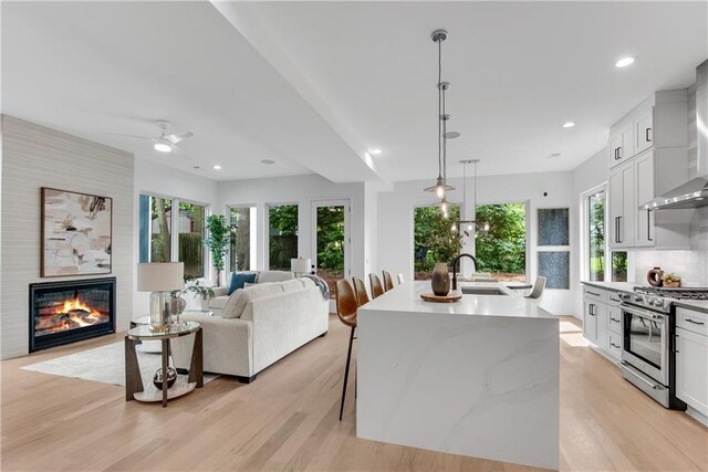 living room featuring light wood-type flooring, ceiling fan, a healthy amount of sunlight, sink, and a fireplace