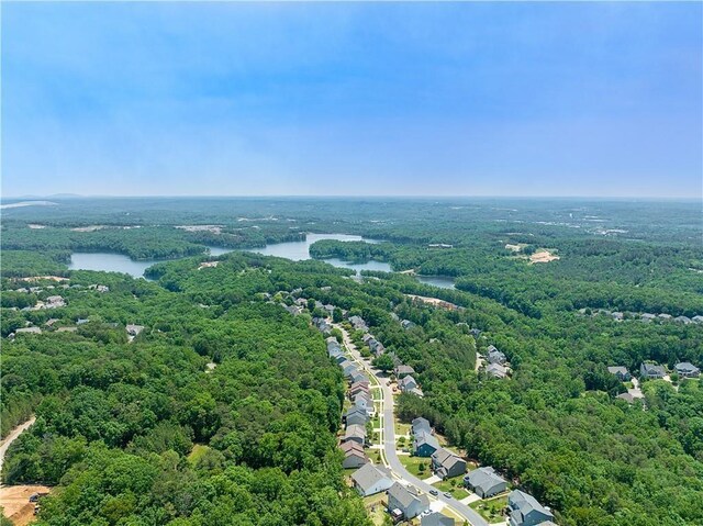 birds eye view of property with a forest view and a water view
