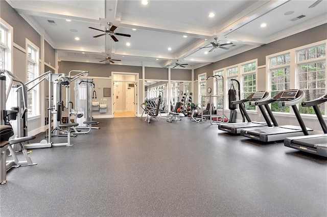 workout area with visible vents, baseboards, recessed lighting, coffered ceiling, and a ceiling fan